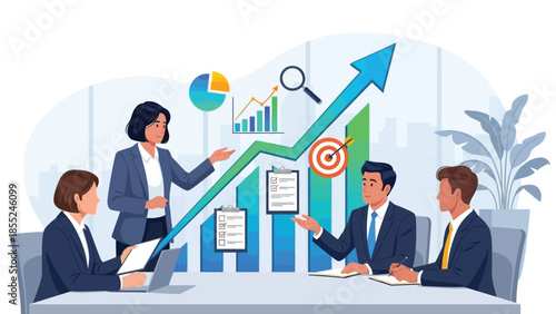 Business team analyzes upward trending financial data presented by a female executive during a meeting.