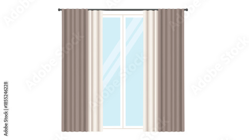 Elegant closed curtains in muted brown and cream tones covering a large window or balcony door, providing privacy and light control in a stylish home.