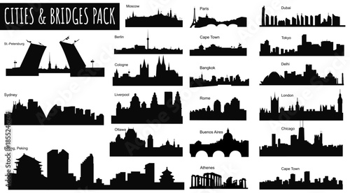 City Skyline Silhouette Collection: A diverse collection of iconic city skylines and bridges, rendered in striking black silhouette.
