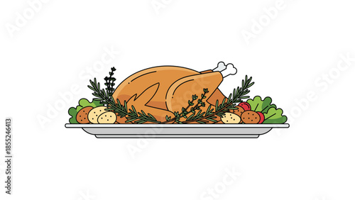 Perfectly roasted whole turkey garnished with rosemary, thyme, potatoes, and vegetables on a festive platter, ideal for holiday feasts.