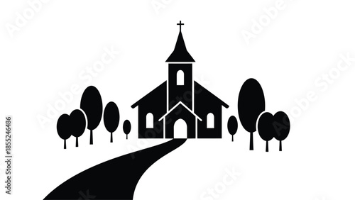 Simple black and white illustration of a church with trees and a path