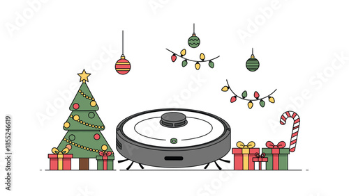 Modern robot vacuum cleaner surrounded by festive Christmas decorations, including a tree, presents, and lights, showcasing smart home technology for holidays.