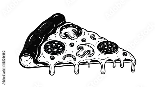 A delicious slice of pepperoni and mushroom pizza illustrated in black and white