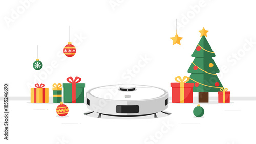 Sleek robot vacuum cleaner elegantly positioned among festive Christmas decorations, including a decorated tree and colorful gifts, highlighting smart living during holidays.
