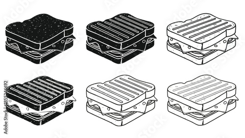 Black and white illustrations of grilled cheese sandwiches in various stages