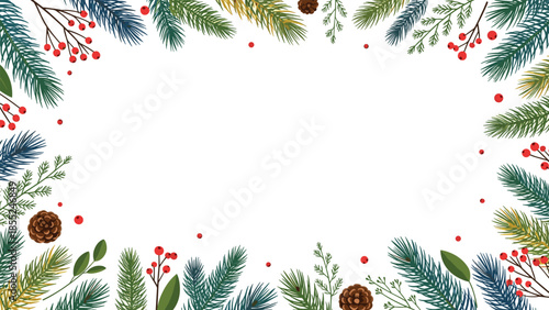 Festive rectangular frame richly decorated with pine branches, red holly berries, and small pine cones, creating a warm and traditional Christmas border.