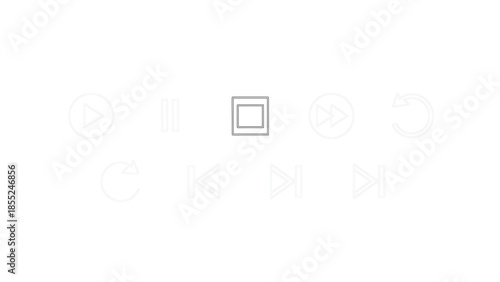 Faint gray media player control icons including stop, play, and rewind are centered on a pure white background.