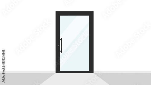 Sleek modern glass door with a black frame and handle, standing in a brightly lit room, symbolizing entry, exit, and contemporary architectural design.
