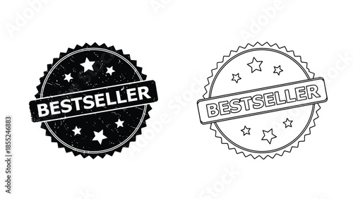 Two black and white bestseller badges with stars and ribbon banners