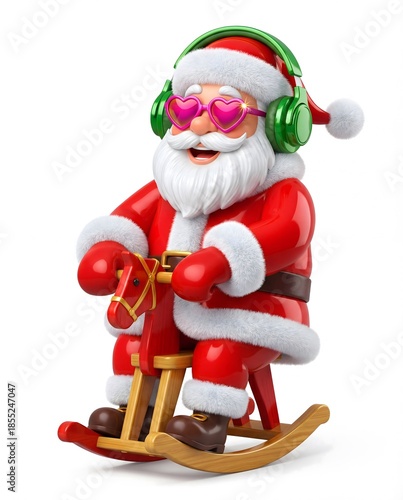 Cool Santa Claus Riding a Rocking Horse with Headphones and Heart Sunglasses