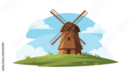 Quaint traditional wooden windmill standing atop a grassy hill under a clear blue sky, symbolizing rural charm, renewable energy, and historical engineering.