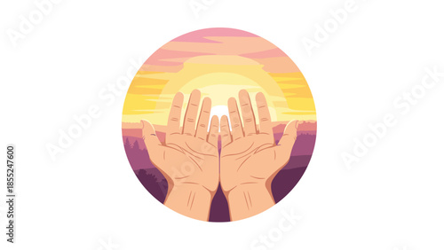 Circular illustration depicting two open hands raised upwards, embracing a warm, setting sun over a serene landscape with hues of orange and purple, symbolizing tranquility, spirituality, and hope.