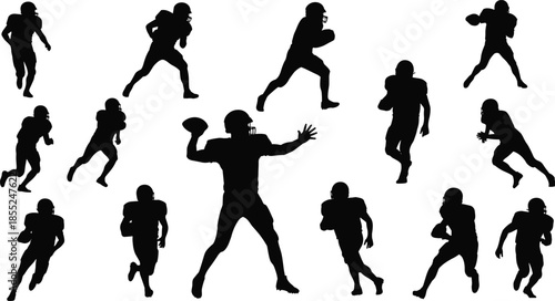 American football player silhouettes in dynamic action poses, athletes running throwing tackling, professional sport movement concept isolated black figures illustration