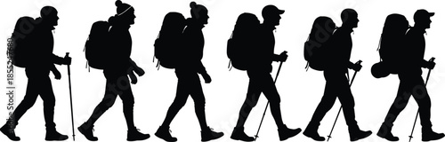 Backpacker hiker silhouettes trekking outdoors, male traveler walking with backpack and trekking poles, adventure hiking journey isolated black figures illustration