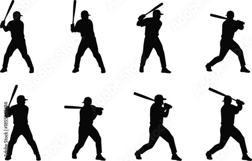Baseball player, batting silhouette, swing motion, sports vector, athletic pose, black silhouette, baseball stance, hitting action, training, game, bat, athlete, sport, motion, vector art