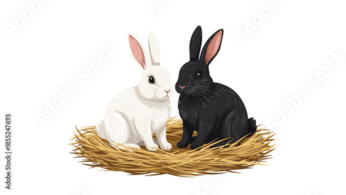 Adorable illustration featuring a fluffy white rabbit and a sleek black rabbit sitting together snugly within a natural straw nest, depicting companionship and gentle domesticity.
