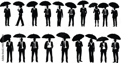 Business people silhouettes holding umbrellas, men and women in formal suits standing walking, corporate protection safety concept isolated black figures
