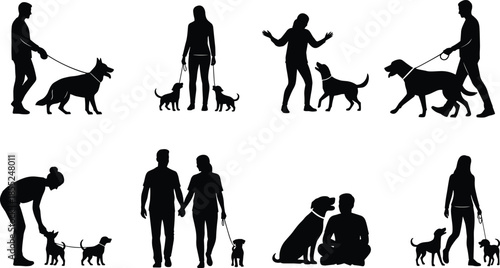 Dog walking, pet care, human dog interaction, silhouette vector, companionship, training, leash, outdoor activity, love, bonding, sitting, playing, caring, couple walking, pet owner, black silhouette