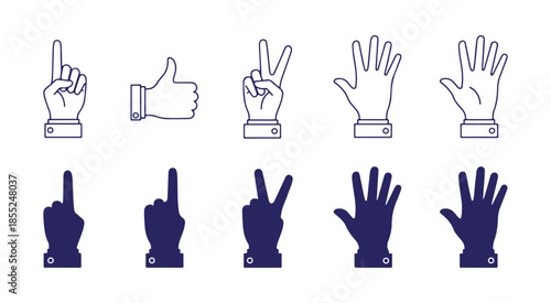 A collection of hand gestures representing numbers from one to five and other signs