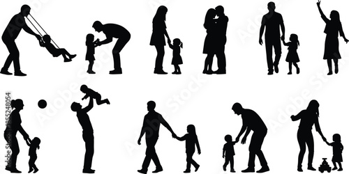 Family bonding, parenting silhouette, adult child interaction, emotional connection, playtime moments, guidance, care, love, trust, support, nurturing, walking, talking, helping, lifting, swinging