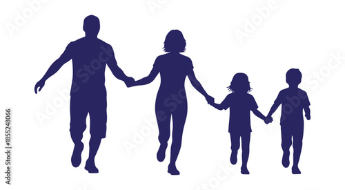 Cheerful silhouette of a loving family of four walking hand in hand together