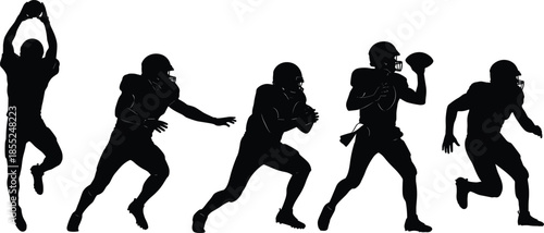 Football player, silhouette action, quarterback throw, catching ball, running pose, sports vector, athletic gear, helmet, motion, game, pass, tackle, athlete, black silhouette, trainin