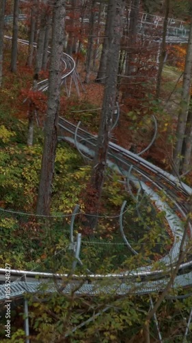 A sports slide, an amusement park, and a descent in the forest in the mountains. Dense trees with orange autumn leaves.