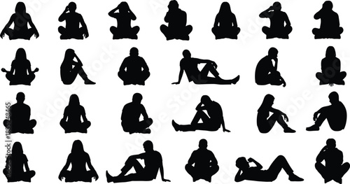 Meditation and sitting people silhouettes in calm poses, male and female relaxed body positions, mindfulness yoga concept isolated black figures illustration