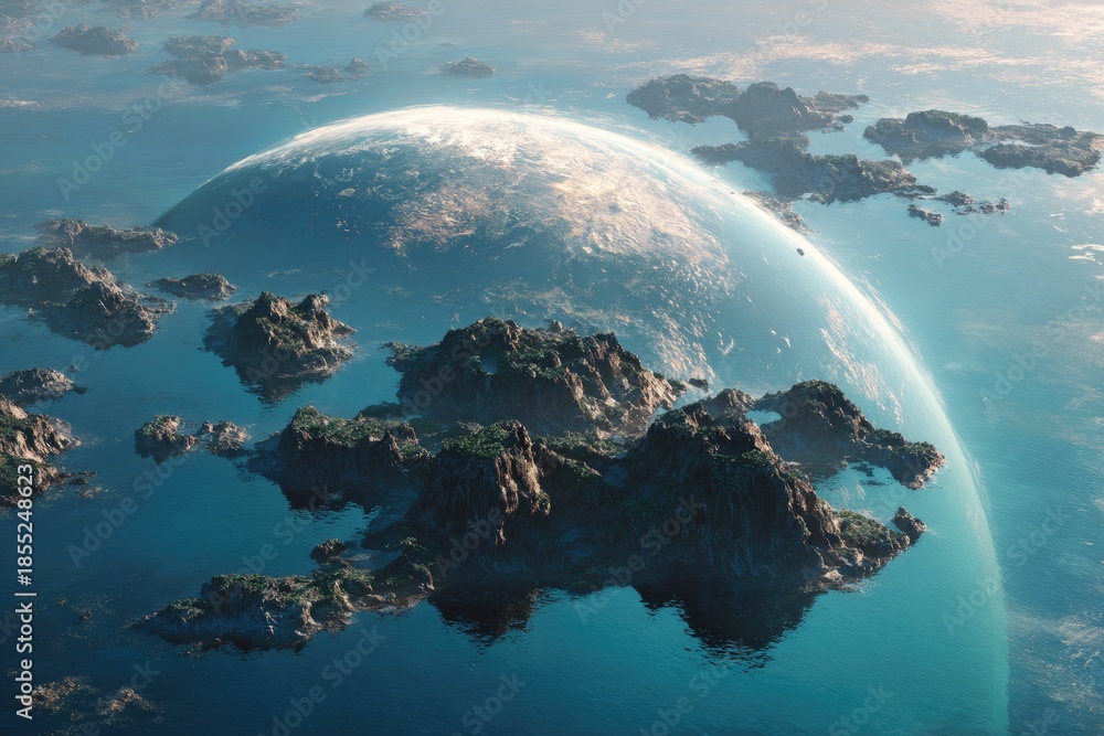 Fototapeta premium Scenic illustration of a planet from space, surrounded by islands and cloud formations