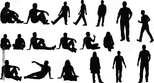 People silhouette collection in sitting walking standing poses, male and female casual body positions isolated black figures illustration set