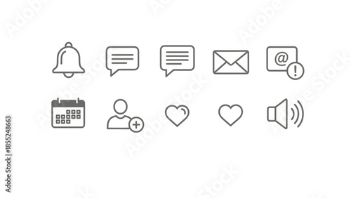 A collection of essential outline user interface icons depicts notifications, messaging, calendar, profile, and volume controls.