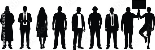 People silhouettes standing in different outfits and styles, men and women urban characters, casual and business lifestyle collection isolated black figures