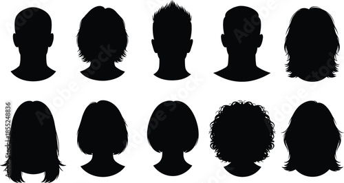 Profile silhouette, hairstyle icon, head shape, black vector, diverse hair, human profile, avatar design, graphic head, minimal style, haircut, male female, side view, identity icon, UI element