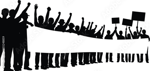 Protest crowd silhouettes holding banners and raising fists, people demonstrating together for rights freedom, activism movement concept isolated black figures