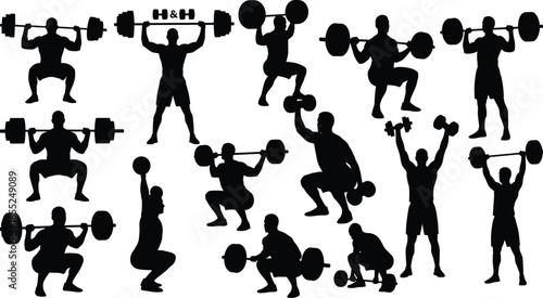 Weightlifting silhouette, fitness exercise, gym workout, strength training, barbell lift, dumbbell pose, athletic motion, black vector, muscle building, squat, deadlift, overhead press, gym icon