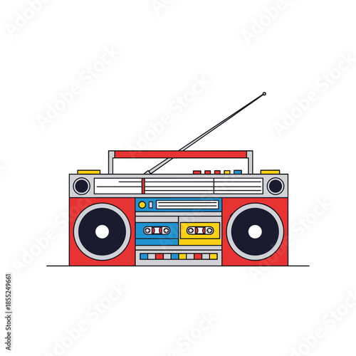 Retro Portable Boombox Radio Illustration with Cassette Player and Antenna in Flat Vector Style on White Background