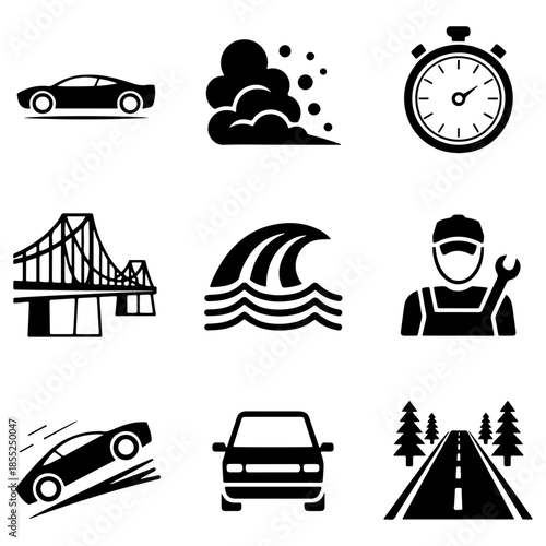 Collection of black and white icons isolated on a transparent background