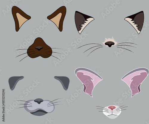 Set of cat facial elements including ears, noses, whiskers and muzzles for character creation and customization. Modular flat vector illustration designed for building cartoon cats, avatars, stickers 