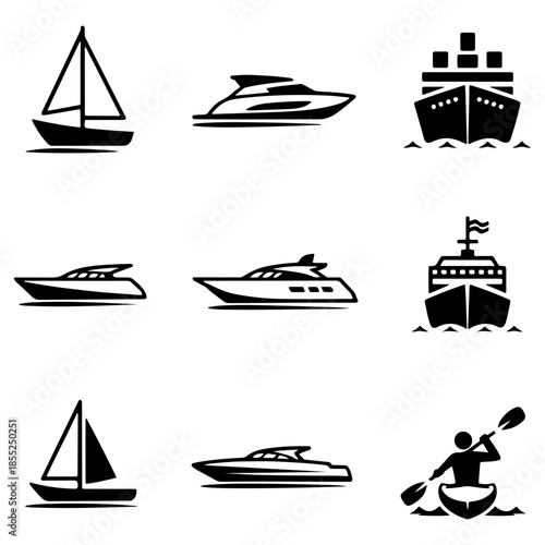 Nine different boat icons isolated on a transparent background