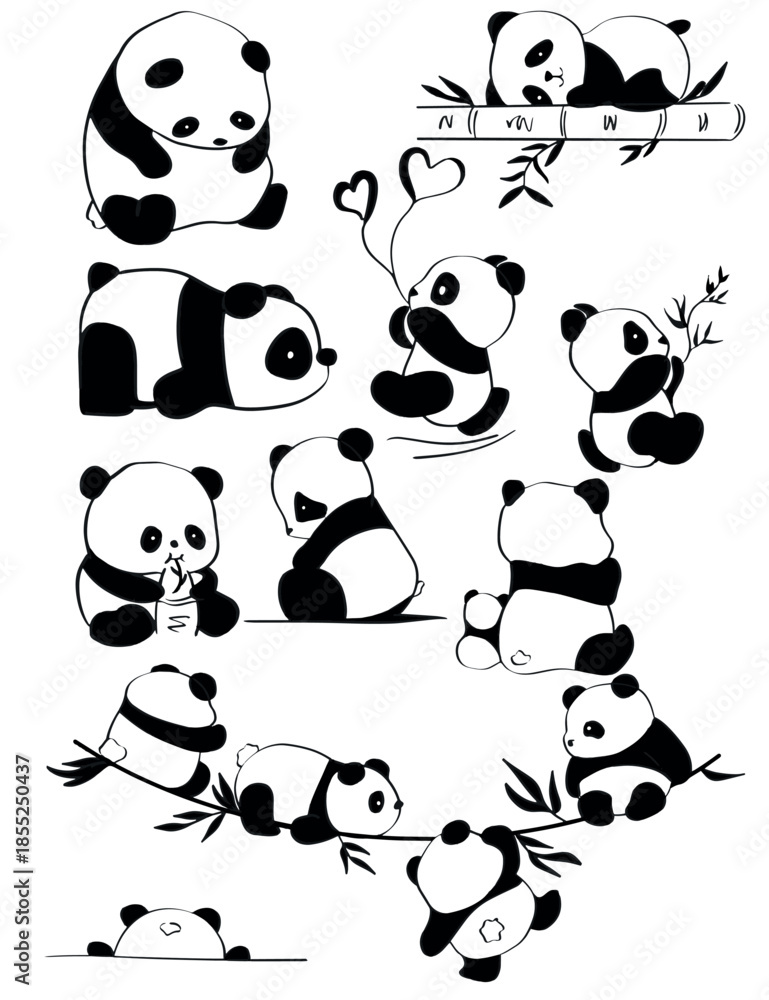 Fototapeta premium Set of cute baby panda bear cartoon icons. Vector collection of twelve adorable black and white line art illustrations of funny little pandas in various poses: sleeping, playing with bamboo, sitting, 