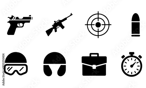 Collection of military and shootingrelated icons isolated on a transparent background