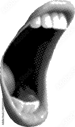 Screaming mouth side view retro halftone collage element vector illustration