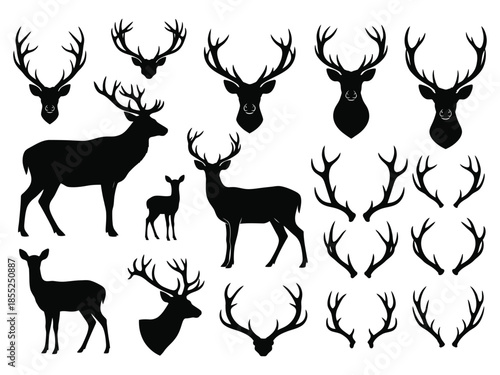 Collection of black silhouettes depicting deer antlers and various stag poses
