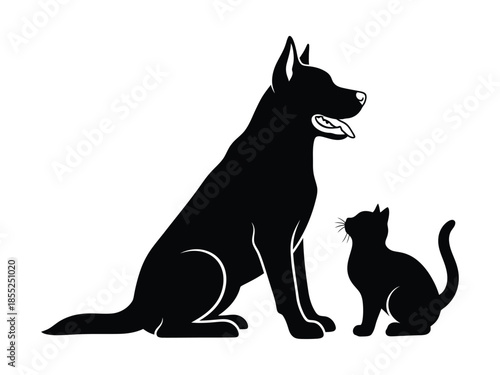 A silhouetted german shepherd dog sitting with a small black cat beside it