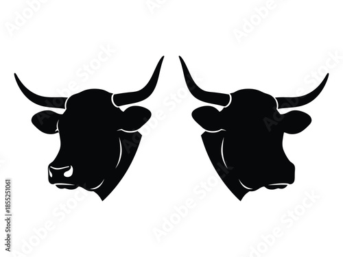 Two black silhouettes of bull heads facing opposite directions