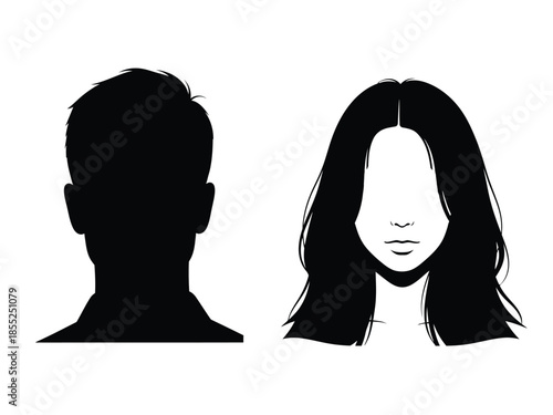 Silhouettes of a man and a woman facing forward simple black and white design