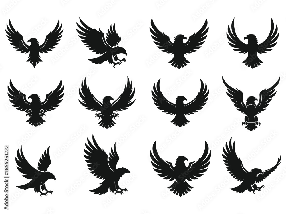 Fototapeta premium Collection of black silhouette eagles in various flying poses and perspectives