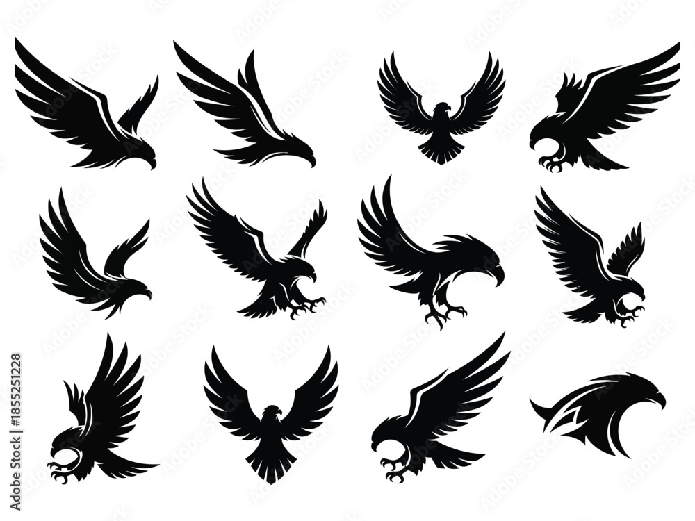 Obraz premium A collection of black silhouette eagle designs in various flight poses