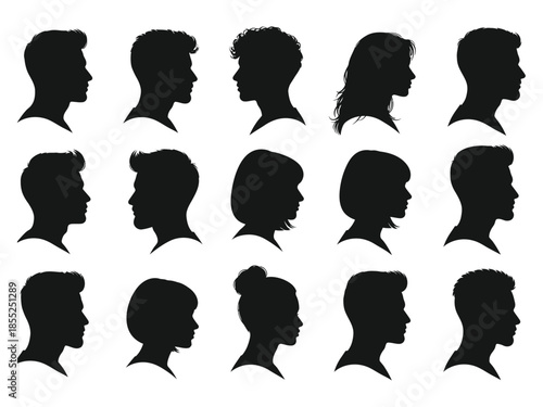 Collection of diverse profile silhouettes displaying a variety of hairstyles and faces
