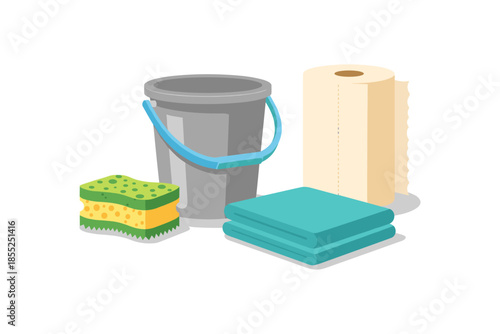 Cleaning supplies: bucket, sponges, cloths, and paper towel